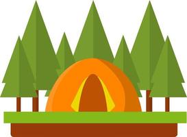 barraca laranja na floresta. atividade ao ar livre. acampamento e caminhada. fogueira e descanso na floresta. viagem à natureza. ilustração plana de desenho animado vetor
