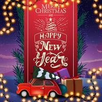 Feliz Natal e Feliz Ano Novo, cartão com lindas letras, fita vermelha vertical decorada com galhos de árvores de Natal e carro antigo com árvore de Natal vetor