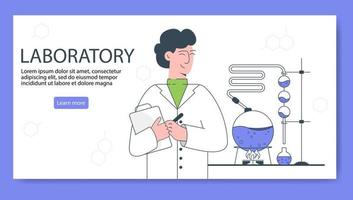 banner da web de pesquisa de laboratório ou página de destino. experimento científico e médico no laboratório. equipamentos de ciência, pesquisa química. vetor