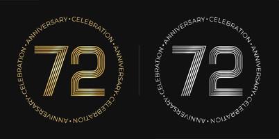 72º aniversário. banner de celebração de aniversário de setenta e dois anos nas cores douradas e prateadas. logotipo circular com design de números originais em linhas elegantes. vetor