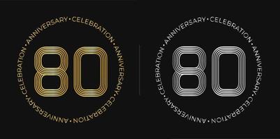 80º aniversário. banner de comemoração de aniversário de oitenta anos em cores douradas e prateadas. logotipo circular com design de números originais em linhas elegantes. vetor