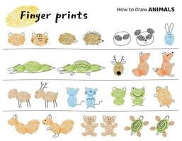 arte das impressões digitais. tarefas de educação para crianças como fazer animais diferentes. ilustração vetorial. elementos isolados. vetor