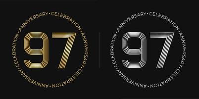 97º aniversário. banner de comemoração de aniversário de noventa e sete anos nas cores douradas e prateadas. logotipo circular com design de número original em linhas elegantes. vetor
