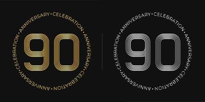 90º aniversário. banner de comemoração de aniversário de noventa anos em cores douradas e prateadas. logotipo circular com design de número original em linhas elegantes. vetor