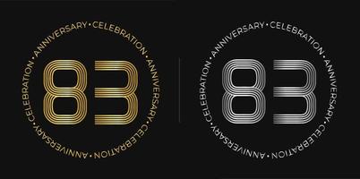 83º aniversário. banner de comemoração de aniversário de oitenta e três anos nas cores douradas e prateadas. logotipo circular com design de números originais em linhas elegantes. vetor