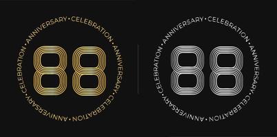 88º aniversário. banner de celebração de aniversário de oitenta e oito anos nas cores douradas e prateadas. logotipo circular com design de números originais em linhas elegantes. vetor