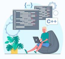 programador trabalhando. o programador trabalha no computador. uma mulher está sentada em uma cadeira com um laptop, acima dela estão as janelas com o código do programa. ilustração em vetor plana.