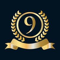 Ouro de celebração do 9º aniversário e modelo preto. elemento de logotipo de crista heráldica de ouro de estilo luxuoso vetor de louro vintage