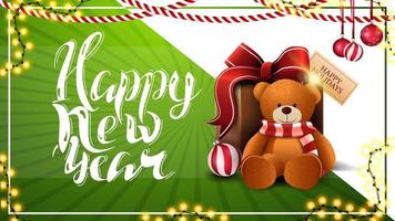feliz ano novo, lindo postal branco e verde com guirlandas, bolas de natal e presente com ursinho de pelúcia vetor