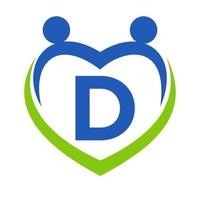 sinal de cuidados de saúde no modelo de letra d. design de logotipo de unidade e trabalho em equipe. logotipo da fundação de caridade e doação vetor