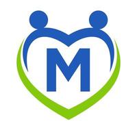 sinal de cuidados de saúde no modelo de letra m. design de logotipo de unidade e trabalho em equipe. logotipo da fundação de caridade e doação vetor