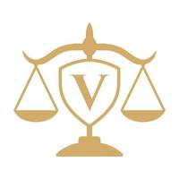 design de logotipo de escritório de advocacia na letra v com sinal de escudo. logotipo jurídico, advogado e justiça, advogado jurídico, jurídico, serviço de advogado, escritório de advocacia, modelo de logotipo de escala vetor