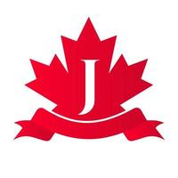 bordo vermelho canadense na letra j selo e fita. elemento de logotipo de crista heráldica de luxo vetor de louro vintage