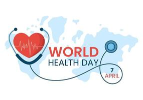 dia mundial da saúde em 7 de abril ilustração com terra e saúde para banner da web ou página de destino em modelos desenhados à mão de desenhos animados planos vetor