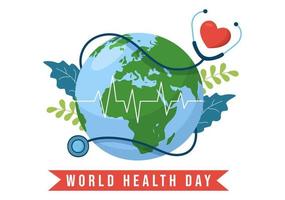 dia mundial da saúde em 7 de abril ilustração com terra e saúde para banner da web ou página de destino em modelos desenhados à mão de desenhos animados planos vetor