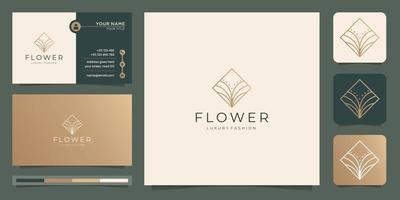conceito de estilo de linha de logotipo de flor geométrica em design de forma quadrada. logotipo de cor dourada e cartão de visita. vetor