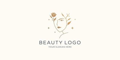 modelo de logotipo de beleza natural. salão de beleza feminino de rosto abstrato linear e logotipo floral na cor dourada. vetor