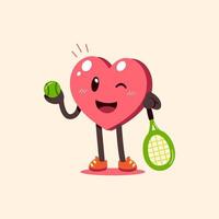 personagem de coração de desenho animado com bola e raquete de tênis vetor