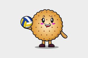 personagem de biscoitos de desenho animado bonito jogando vôlei vetor