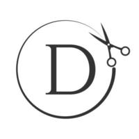 salão de beleza e logotipo de corte de cabelo no sinal da letra d. ícone de tesoura com conceito de logotipo