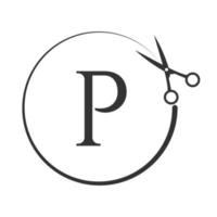 salão de beleza e logotipo de corte de cabelo no sinal da letra p. ícone de tesoura com conceito de logotipo vetor