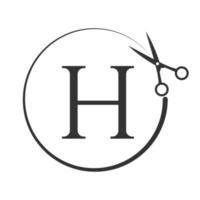 salão de beleza e logotipo de corte de cabelo no sinal da letra h. ícone de tesoura com conceito de logotipo vetor