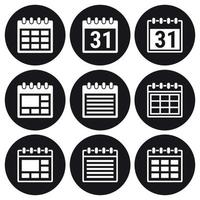 conjunto de ícones de calendário. branco em um fundo preto vetor