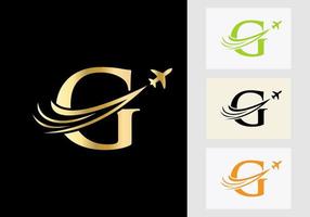 conceito de logotipo de viagem letra g com símbolo de avião voador vetor