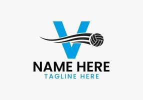 conceito de logotipo de vôlei de letra v com ícone de bola de vôlei em movimento. logotipo de esportes de vôlei vetor