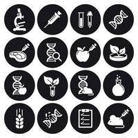 gmo, conjunto de ícones de genética. branco em um fundo preto vetor