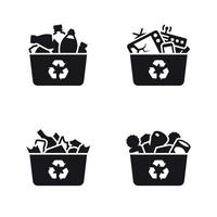 reciclagem de ícones de vidro, plástico, metal e lixo eletrônico. preto em um fundo branco vetor