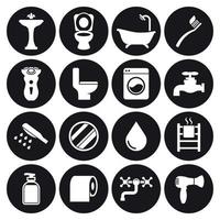 conjunto de ícones do banheiro. branco em um fundo preto vetor