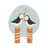 lindo casal de papagaios-do-mar apaixonado. conceito de cartão de dia dos namorados. ilustração vetorial vetor