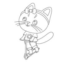 personagem de gatinho fofo andando de scooter. adorável criança sorridente gato. ilustração de contorno vetorial isolada no fundo branco para livro de colorir vetor