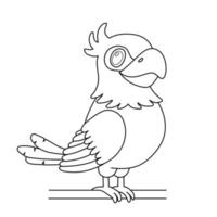 pássaro papagaio de linha sentado no galho. delinear o personagem bonito dos desenhos animados isolado no branco para livro de colorir vetor