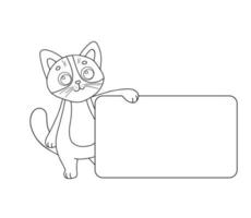 gato de personagem de ilustração vetorial com banner. delinear o gatinho engraçado dos desenhos animados, acenando a mão. animal de esboço de linha para colorir livro isolado no branco vetor