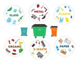 conceito de reciclagem de classificação de resíduos. recipientes e lixo de diferentes tipos. ilustração vetorial vetor