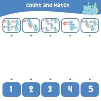 planilha de contagem e correspondência. planilha de matemática educacional para impressão. jogo de matemática para crianças. ilustração vetorial. vetor