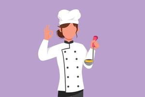 desenho plano de personagem bela chef feminina segurando concha com gesto bem e degustação de sopa deliciosa. vestindo uniforme pronto para cozinhar comida para os hóspedes no restaurante. ilustração vetorial de design de desenho animado vetor