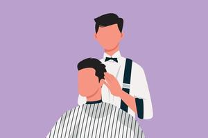 O desenho plano de personagem de um atraente cabeleireiro de barbearia vestido com classe está virando a cabeça do cliente para apresentar seu trabalho para ele. penteado parece moderno e tão perfeito. ilustração vetorial de design de desenho animado vetor