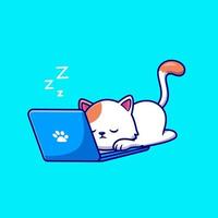 gato bonito dormindo e trabalhando na ilustração do ícone do vetor dos desenhos animados do laptop. conceito de ícone de tecnologia animal isolado vetor premium. estilo cartoon plana