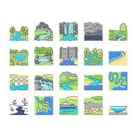 conjunto de ícones de paisagem natural de rio e lago