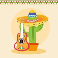 cacto mexicano e desenho vetorial de guitarra vetor