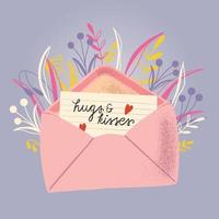 envelope com carta de amor. mão colorida ilustrações desenhadas com letras de mão para feliz dia dos namorados. cartão com flores e elementos decorativos. vetor