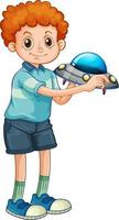um menino segurando um personagem de desenho animado de foguete isolado no fundo branco vetor