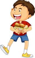 um menino segurando um personagem de desenho animado de comida isolado no fundo branco vetor