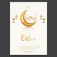 ilustração de panfleto eid al fitr mubarak com lanterna de lua e mesquita em fundo limpo vetor