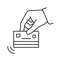 mão segurando o cartão com ilustração vetorial de ícone de linha de chip de pagamento sem contato vetor