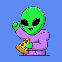 bonito alienígena vestindo capuz e segurando a ilustração de ícones vetoriais dos desenhos animados de pizza. conceito de desenho animado plano. adequado para qualquer projeto criativo. vetor