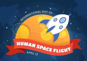 dia internacional do voo espacial humano em 12 de abril ilustração com astronauta de foguete e crianças em desenho animado desenhado à mão para modelos de página de destino vetor